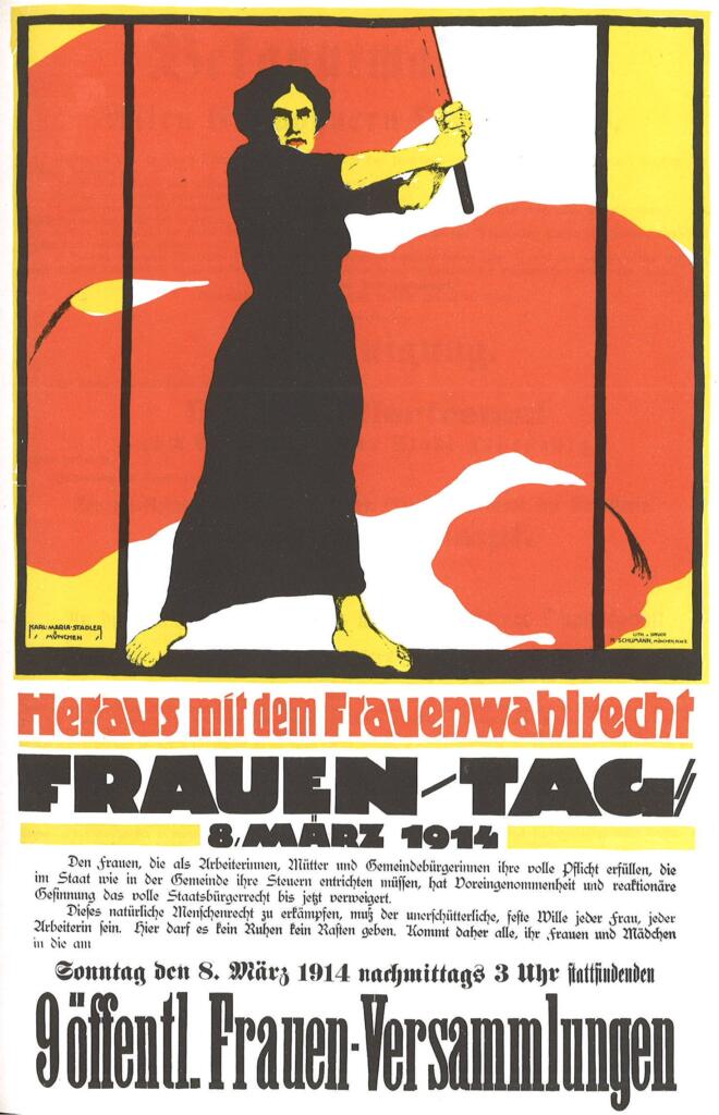 Poster alemão de 1914 em comemoração ao Dia Internacional da Mulher, conclama o direito ao voto feminino.